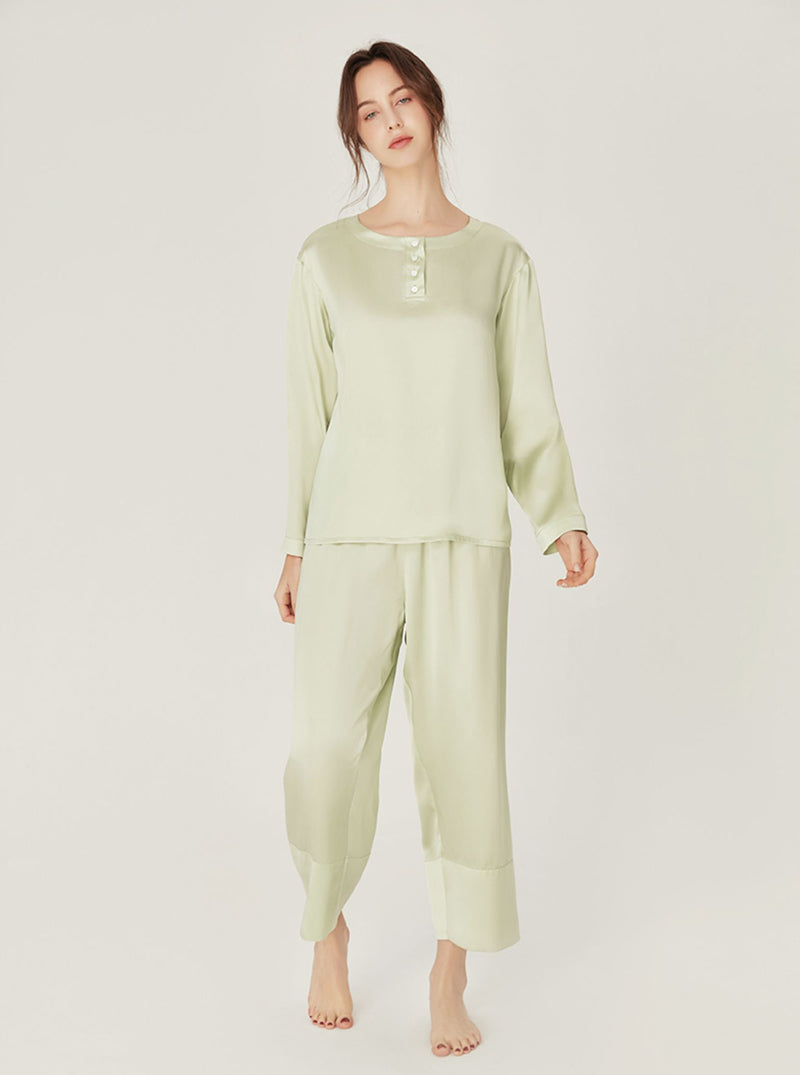 Silk Spring Summer Simplicity Round Collar Matching Pajamas Small Split Hem Long Sleeve Two-Piece Set Female