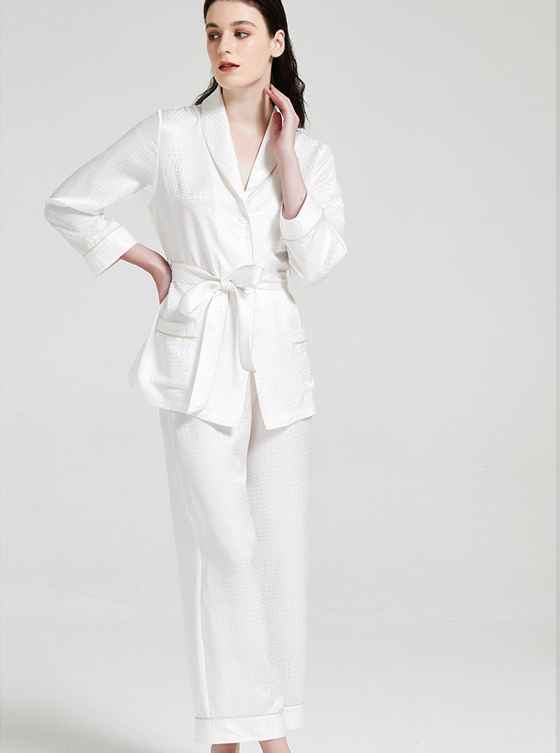 Houndstooth Jacquard 19 Momme Silk Spring And Autumn Female Lapel Elegant And Dignified Solid Color Pajamas Long-Sleeved Trousers Two-Piece Set