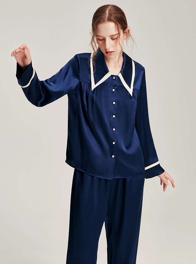 Silk Female Autumn Lapel Stitching Design Simple Fashion Soft Breathable Comfortable Long Sleeve Pajamas Two Pieces Of Solid Color