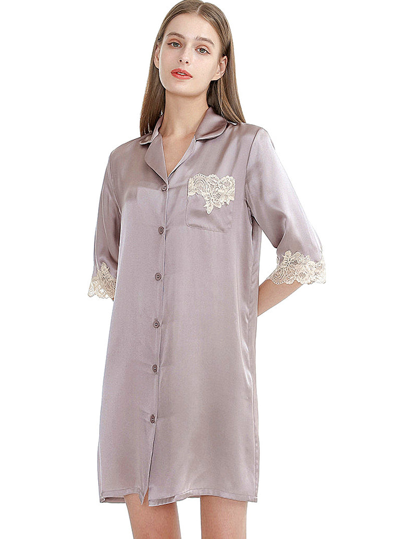 Summer Silk Female Small Lapel Noble Luxury Loose Mature Solid Color Mid-Sleeve Lace Nightdress