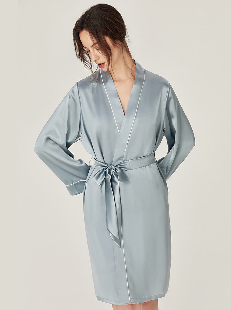 Silk Wedding Morning Robe V Collar Advanced Sense Simplicity Pure Color Medium Length Night-Robe Female