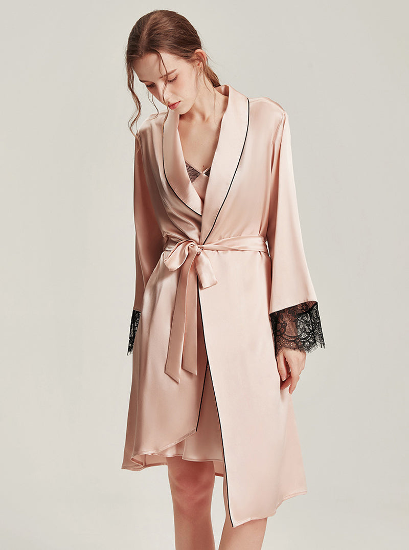 Autumn Silk Female V-Neck Lace Stitching Wave Skirt Put Pink-Pink Long Style Halter Nightdress Long Sleeve Robe Two Pieces