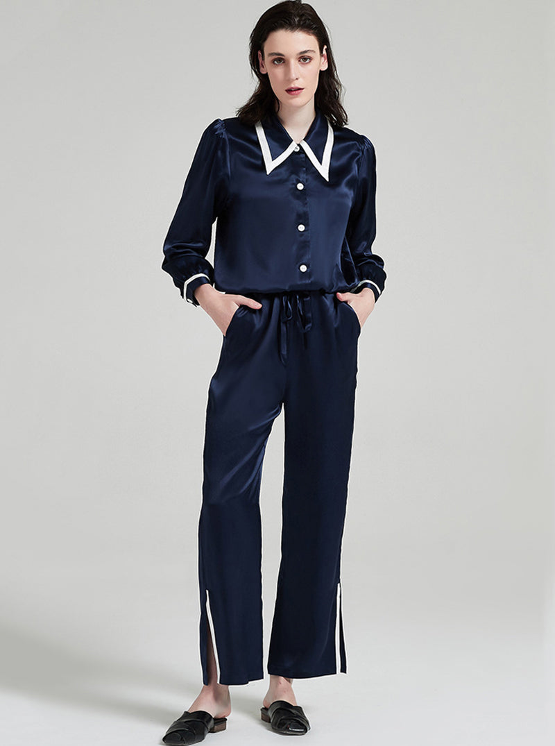 19 Momme Silk Female Spring Retro Pointed Collar High-Quality Temperament Leg Split Contrast Color Long-Sleeved Trousers Pajamas Two-Piece Set