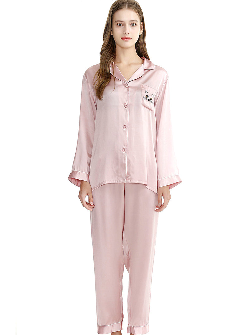 Silk Pure Color Summer Couple Pajamas Sets Small Lapel Cute And Lively Cat Embroidery Long-Sleeved Pajamas Two-Piece Set