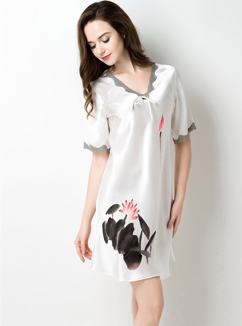Summer Female Silk Lace V-Neck Ink Painting Print Sexy Comfortable High-End Nightdress