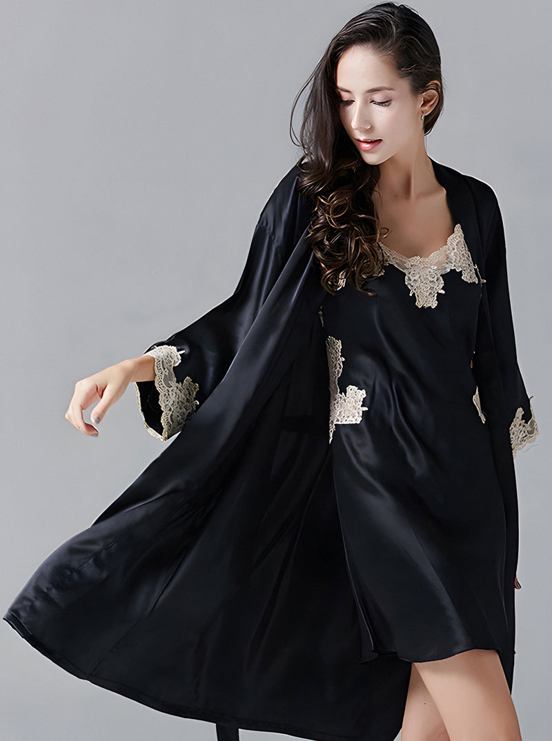 Silk Autumn And Winter Ladies Small V-Neck Big Open Back Sexy Lace Light Luxury High-End Solid Color Suspender Nightdress Two-Piece Set