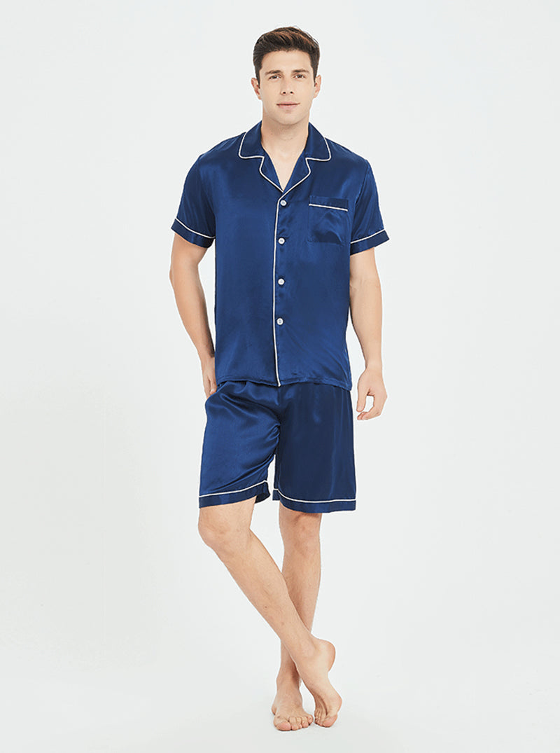 19 Momme Silk Summer Male Suit Collar Cool And Comfortable Casual Basic Solid Color Short-Sleeved Shorts Pajamas Two-Piece Set