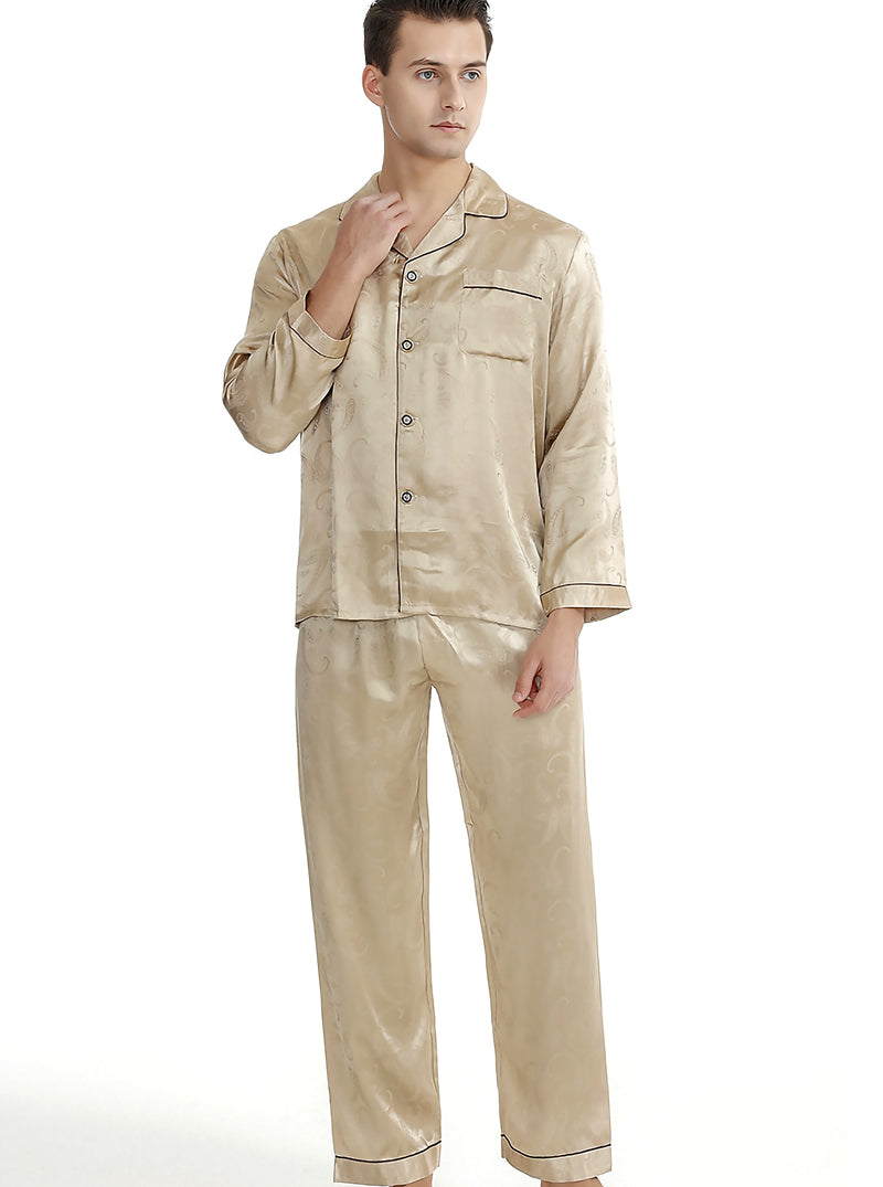Silk Summer Couple Pajamas Sets Small Lapel Edging Printing Retro Simple Pure Color Long-Sleeved Trousers Casual Two-Piece Home Service