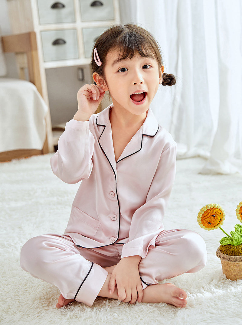 Girls Spring Silk Small Lapel Cute And Comfortable Long-Sleeved Trousers Children's Pajamas Two-Piece Set