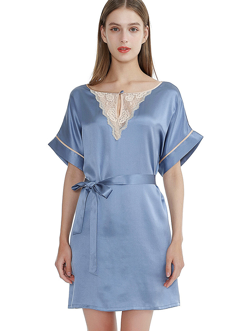Silk Summer Lace Hollow V-Neck Female Simple And Elegant Belted Solid Color Short Sleeve Nightdress