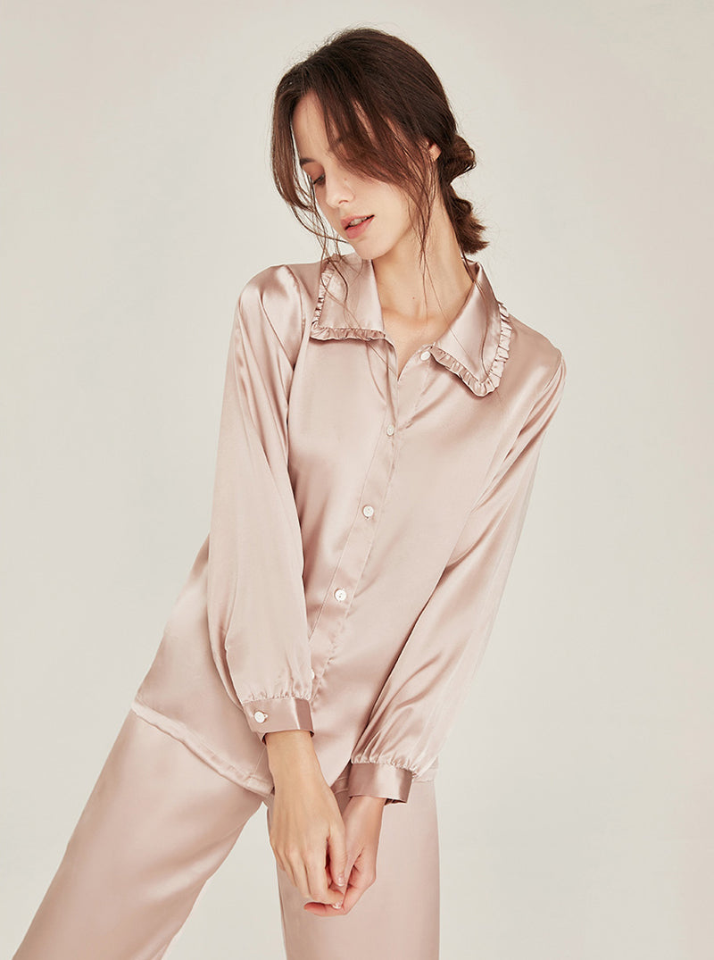 Silk Matching Pajamas Autumn Female Cute Ruffle Doll Collar Simplicity Pure Color Long Sleeve Two-Piece Set
