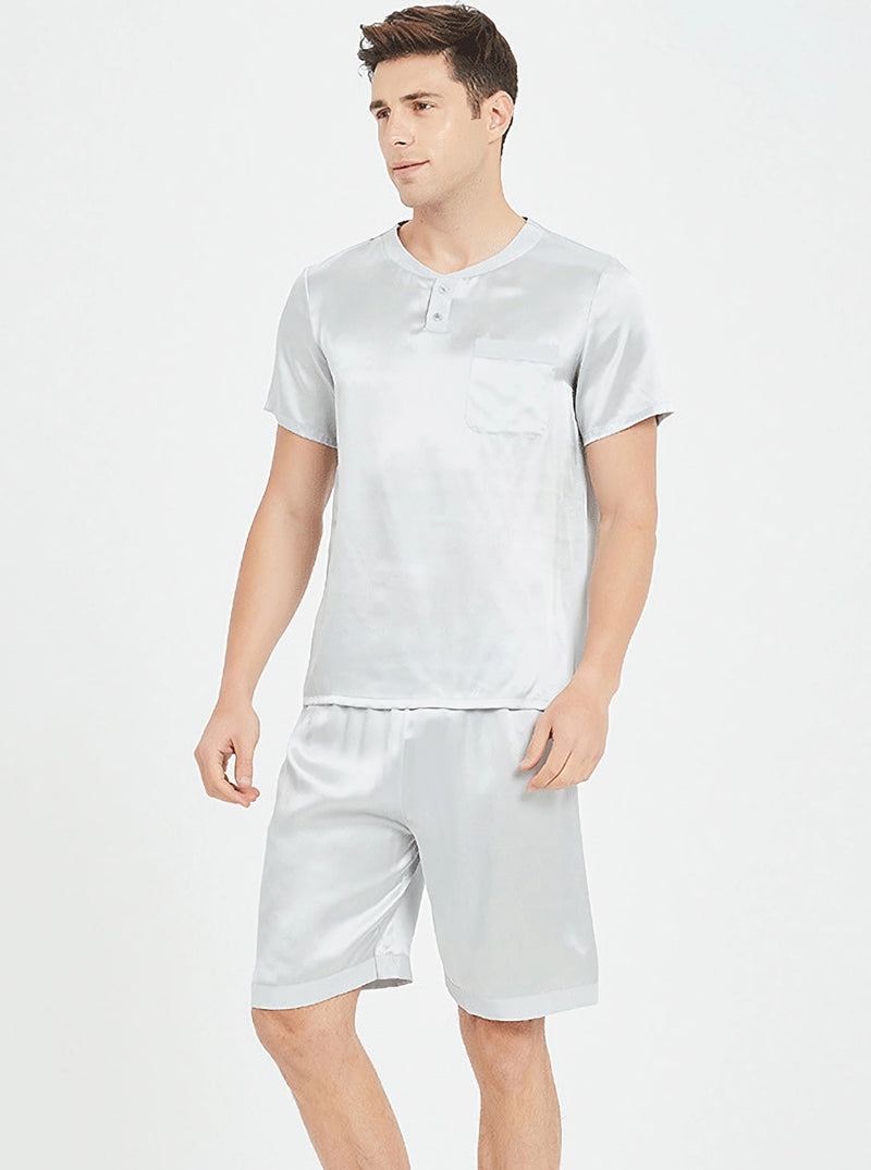 19 Momme Silk Summer Male Round Neck Casual Loose Handsome Solid Color Short-Sleeved Shorts Pajamas Two-Piece Set