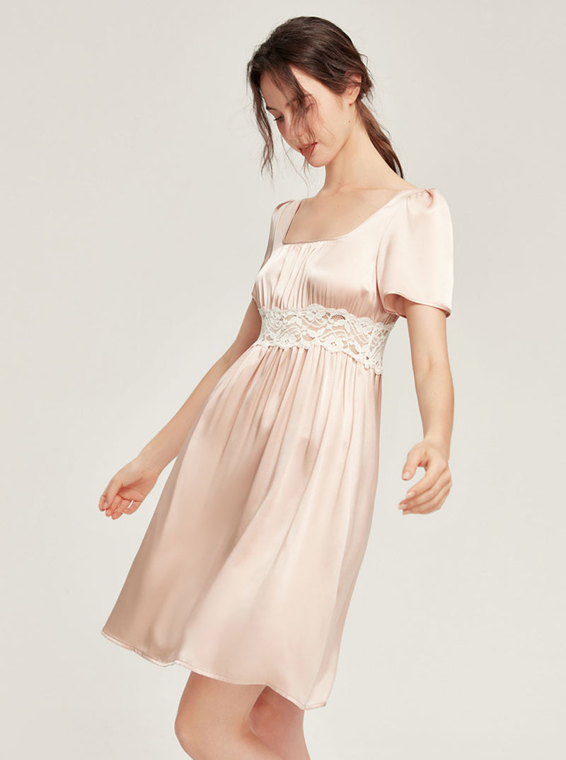 Summer Silk Court Style Boat Collar Waist Hollow Lace Loose Hem Short Sleeve Nightdress Female