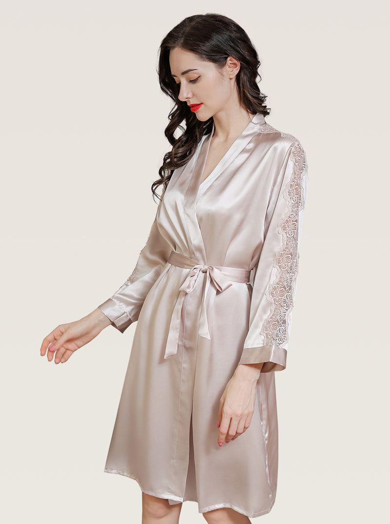Silk Summer Female V-Neck Sexy Hollow Lace Elegant Fashion Solid Color Sling Nightdress Belt Night-Robe Two-Piece Set