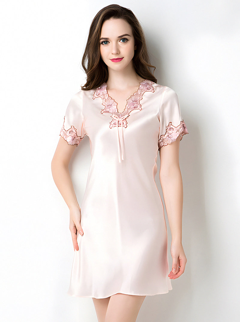 Silk Summer Female Lace Stitching V-Neck Sexy High-End Luxury Casual Solid Color Short-Sleeved Nightdress