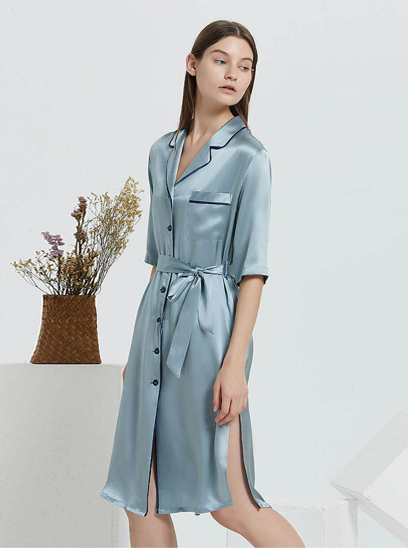Female 19 Momme Silk Spring And Summer Small Lapel Summer Retro Split Temperament Gray Blue Long Nightgown