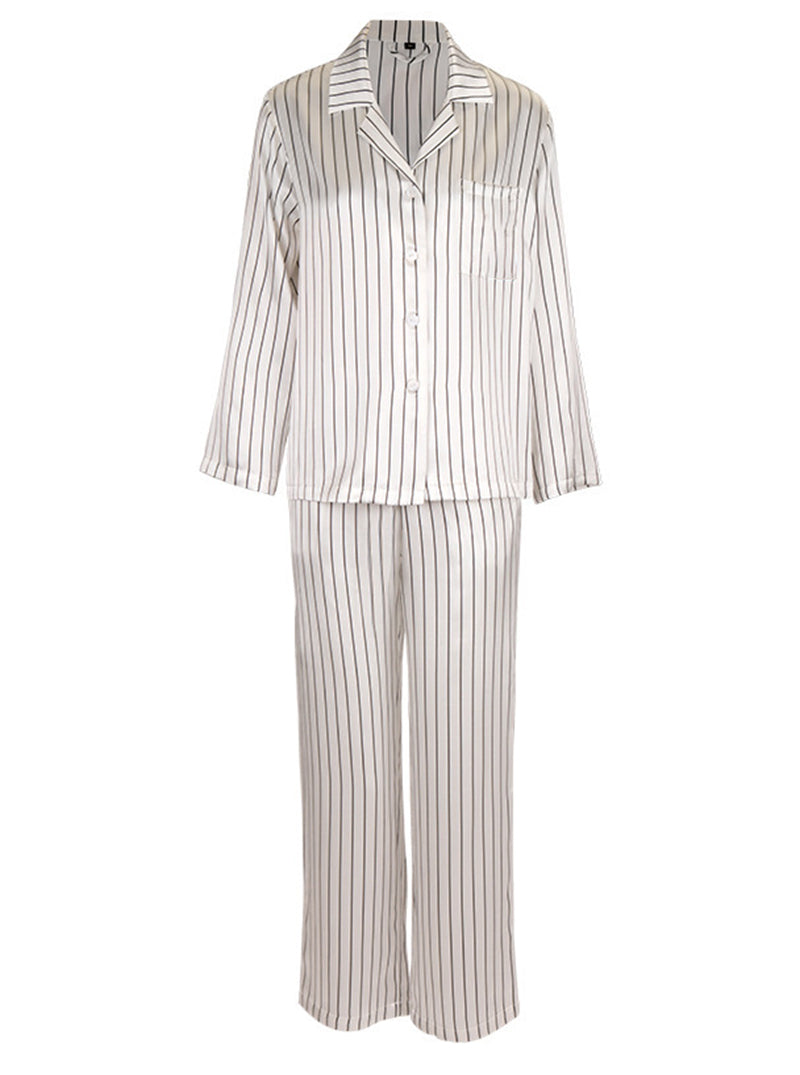 19 Momme Silk Spring Autumn Male Shirt Collar Black and White Striped Print Casual Long Sleeve Pants Pajamas Two Piece Set