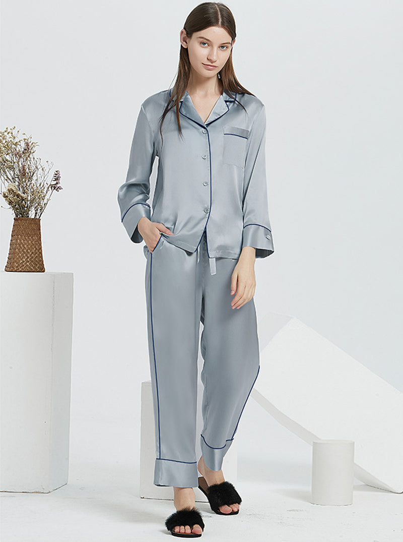 Female Autumn And Winter 22 Momme Silk Small Lapel Classic Casual Loose Solid Color Long-Sleeved Trousers Two-Piece Pajamas