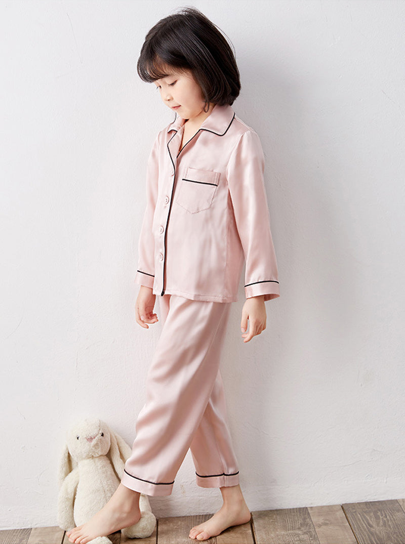 Small Lapel 19 Momme Silk Girls Autumn Cute Breathable Simple Pink Long-Sleeved Trousers Children's Two-Piece Pajamas