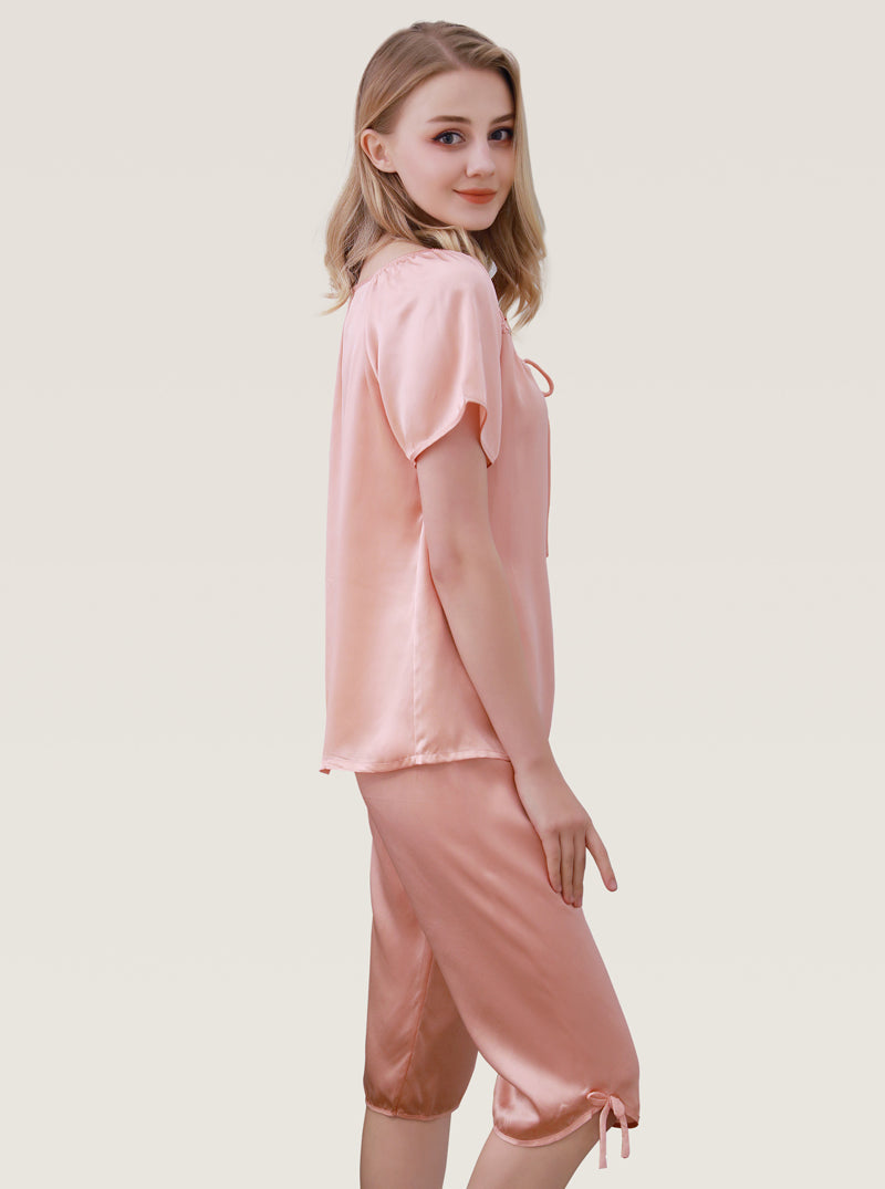 Female Spring And Autumn Silk Round Neck Embroidered Drawstring Comfortable Soft Breathable Short Sleeve Mid-Length Pants
