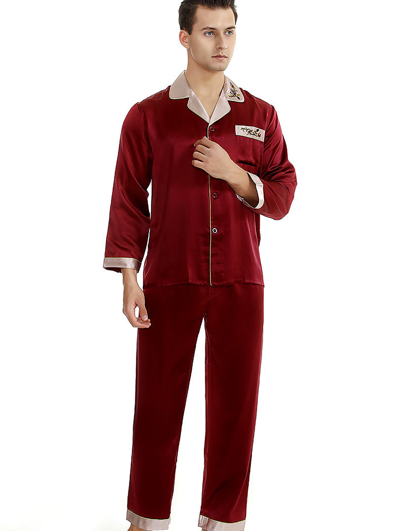 Summer Silk Couple Pajamas Sets Contrast Color Small Lapel Embroidery Simple Casual Pure Color Long-Sleeved Trousers Pajamas Two-Piece Set