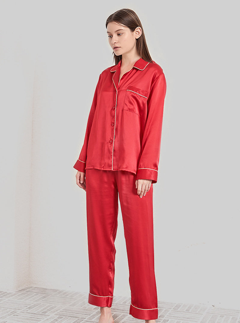 19 Momme Silk Spring And Autumn Female Suit Collar Simple Intellectual Elegant Long-Sleeved Trousers Multi-Color Pajamas Two-Piece Set