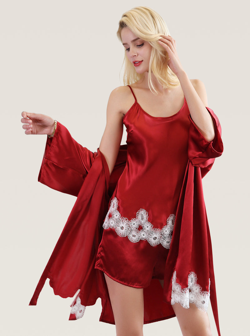 Female Silk Spring And Autumn Sexy And Elegant Lace Belt Solid Color Suspenders Shorts Night-Robe Three-Piece Set