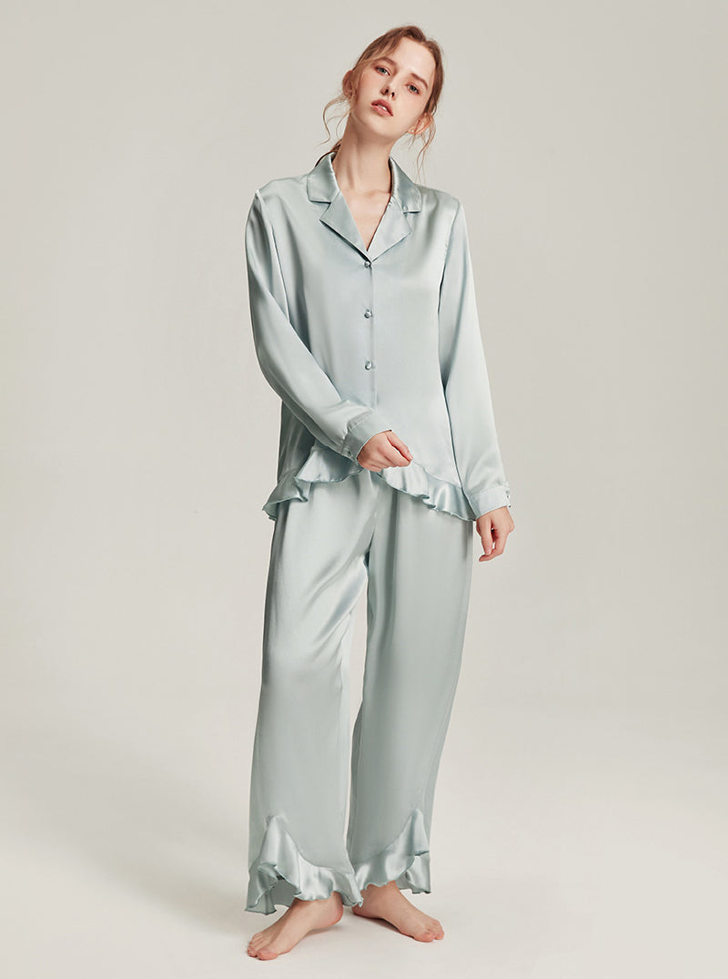 Solid Light Color Female Silk Autumn Shirt Collar Comfortable Breathable Ruffles Simple Basic Long Sleeve Pants Two Piece Pajamas