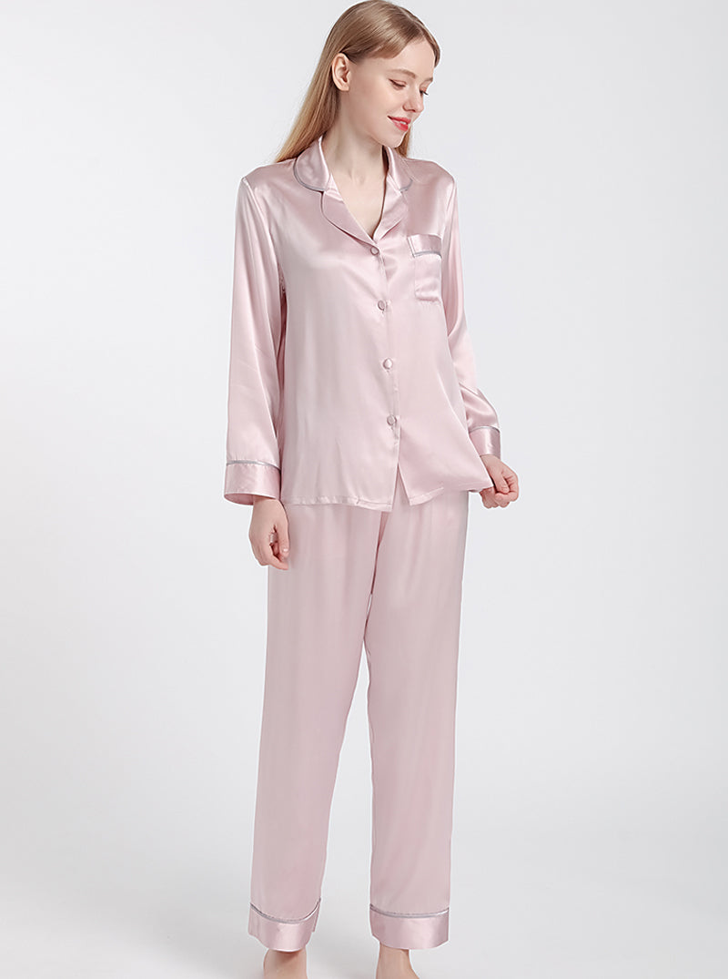Female Summer Silk Contrast Color Line Small Lapel Simple Loose Comfortable Elegant Solid Color Long-Sleeved Pajamas Two-Piece Set