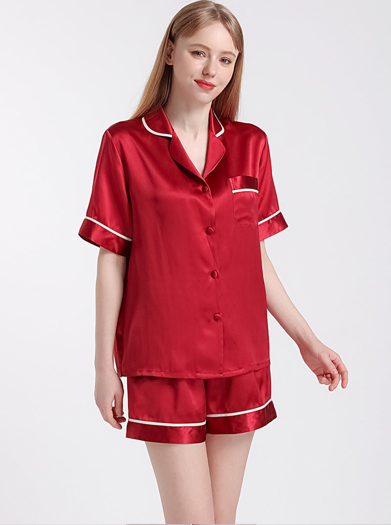 Silk Summer Ladies Small Lapel Cool And Comfortable Loose Stitching Multi-Color Short-Sleeved Shorts Pajamas Two-Piece Set