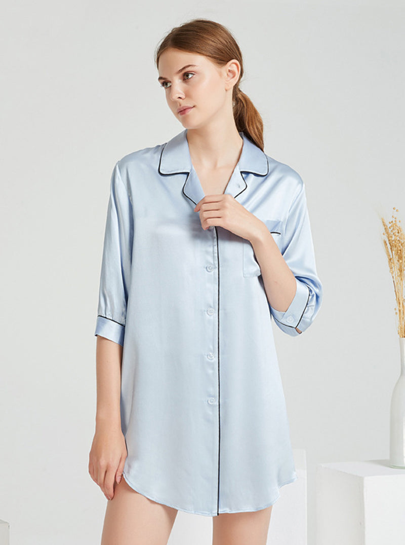 Solid Color 19 Momme Silk Spring And Summer Small Lapel Female Sexy Temptation Elegant Intellectual Mid-Sleeve Shirt Nightdress