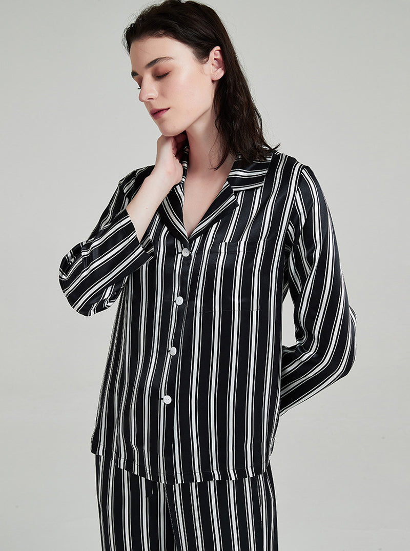 19 Momme Silk Spring Autumn Female Casual Advanced Breathable Black And White Striped Long Sleeve Pants Pajamas Two Piece Set