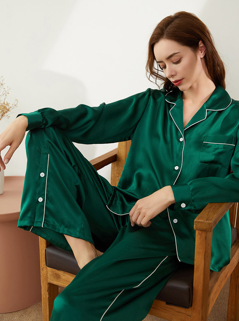 19 Momme Silk Autumn Ladies Small Lapel Beautiful Lively Colors Bright Long Sleeve Pajamas Two Piece Set