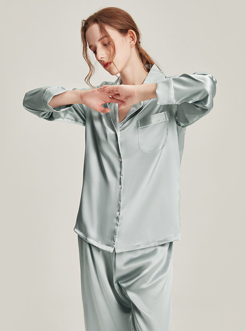 19 Momme Silk Autumn And Winter Female Simple Small Lapel Multi-Color Temperament High-Quality Pajamas Two-Piece Long-Sleeved Trousers
