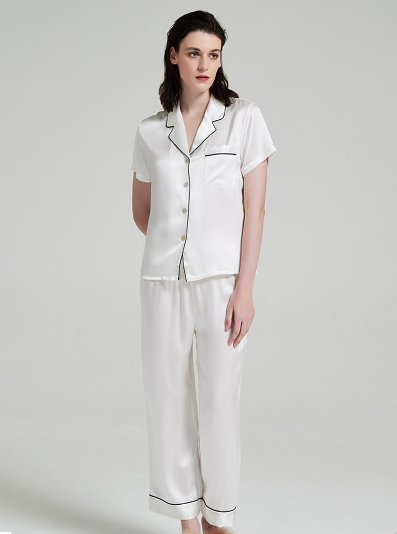 Suit Collar 19 Momme Silk Female Summer Multiple Colors Simple Classic Comfortable Short Sleeve Pants Pajamas Two Piece Set