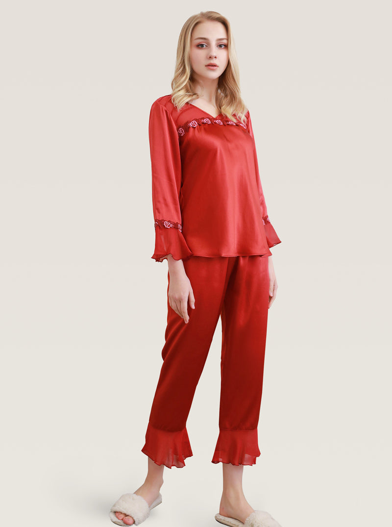 V-Neck Silk Spring And Autumn Female Flower Embroidery Stitching Elegant And Dignified Comfortable Red Long-Sleeved Pajamas Two-Piece Set
