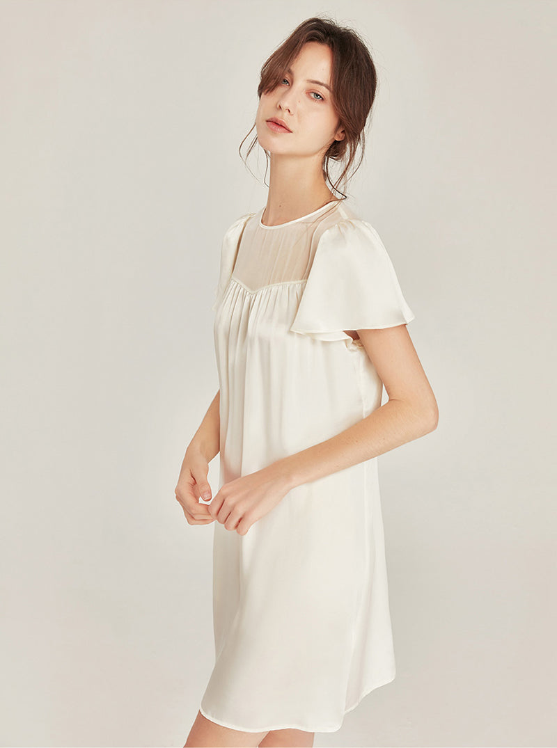 Silk Summer Advanced Sense Can Be Outdoors Simplicity Milk White Tulle Splicing Round Collar Short-Sleeve Female Loose Nightdress