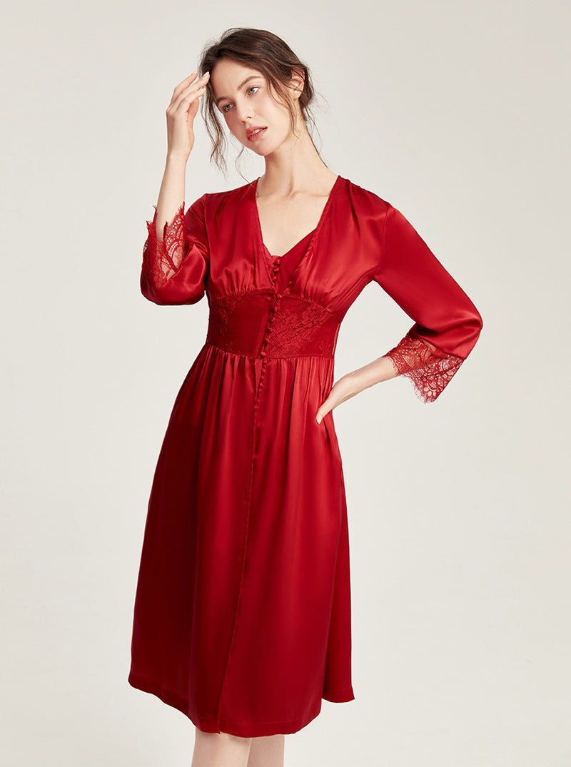 Silk Spring And Autumn Female V-Neck Waist Lace Long-Sleeved Sexy High-End Retro Elegant French Solid Color Pajamas