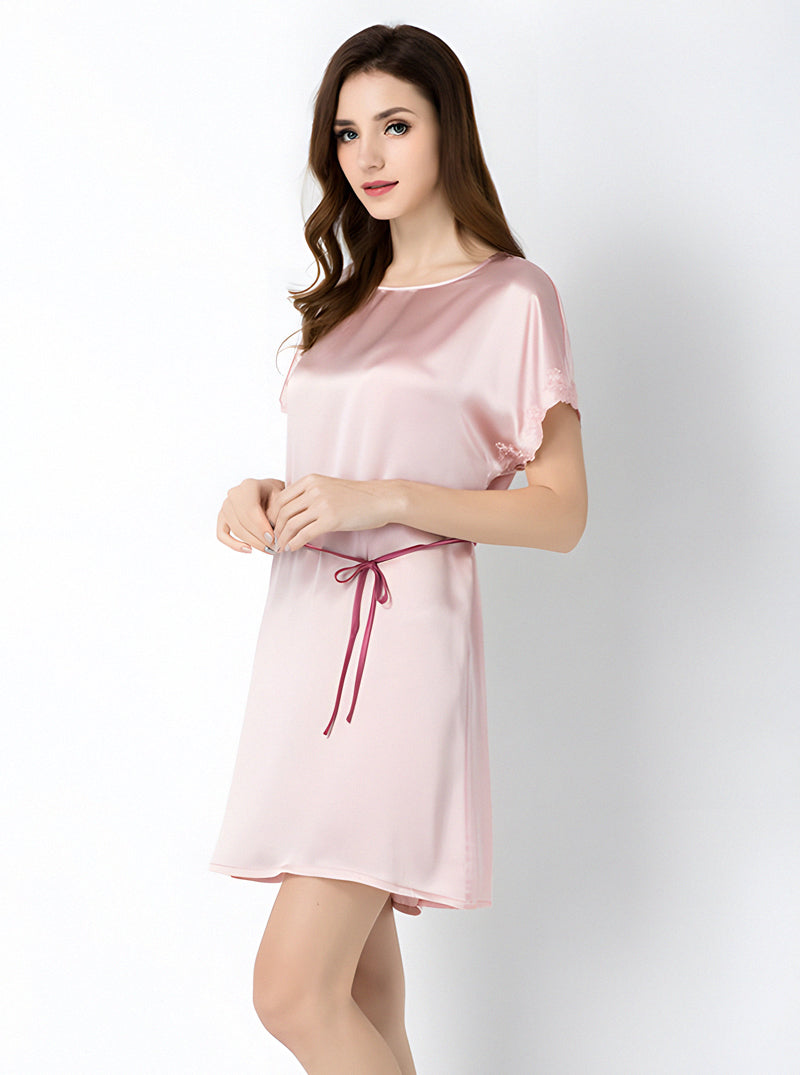 Round Neck Solid Color Summer Silk Female Classic Luxury Sexy Belt Stitching Lace Solid Color Short-Sleeved Nightdress