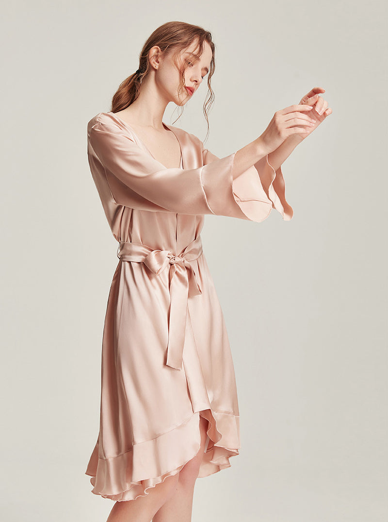 Silk Spring And Autumn Female V-Neck Ruffled Stitching High-End Casual Sexy And Comfortable Coral Pink Two-Piece Home Dressing Gown