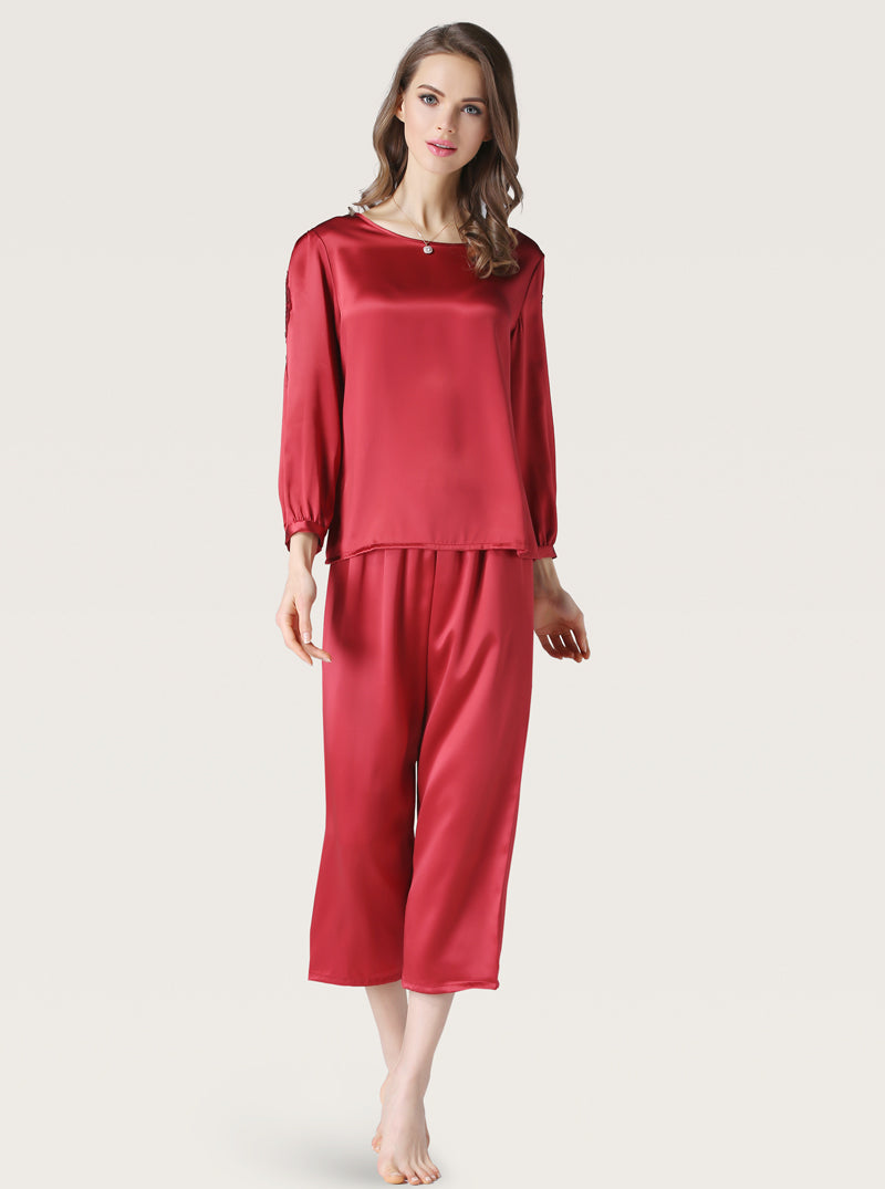 Spring And Autumn Female Silk Round Neck Simple Fashion Comfortable Solid Color Long Sleeve Trousers Two Piece Pajamas