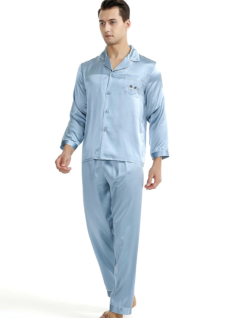 Silk Pure Color Summer Couple Pajamas Sets Small Lapel Cute And Lively Cat Embroidery Long-Sleeved Pajamas Two-Piece Set