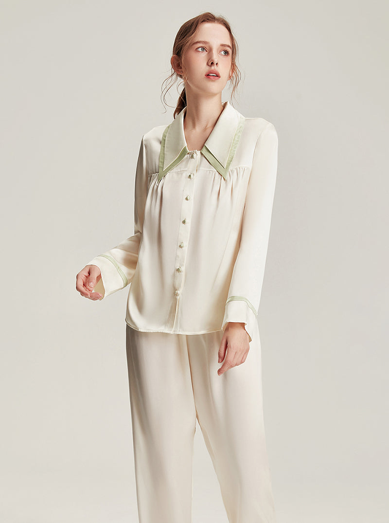 Silk Female Autumn Lapel Stitching Design Simple Fashion Soft Breathable Comfortable Long Sleeve Pajamas Two Pieces Of Solid Color