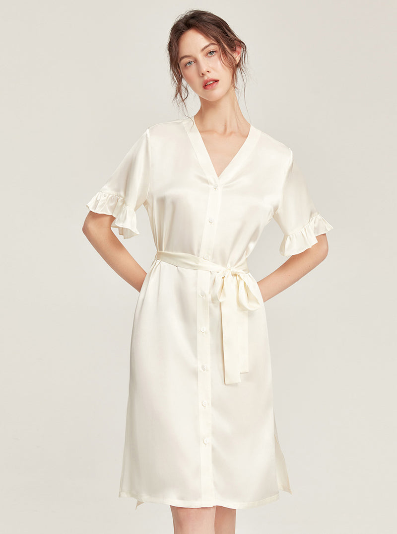 Female Summer 19 Momme Pure Color Silk Buttons V Collar Split Hem Ruffle Short Sleeve Medium Length Night-Robe