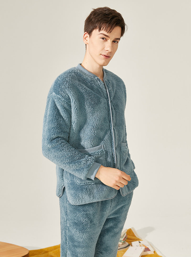 Thickened Warmth Winter Pajamas Male Small V Collar Long Sleeve With Scarf Can Be Worn Outdoors Coral Velvet Set