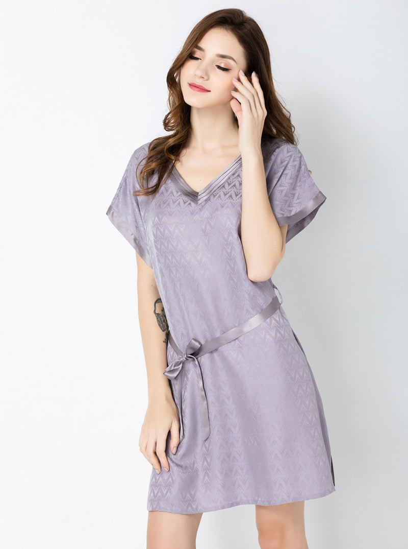 Jacquard Silk Summer Ladies V-Neck Stitching High-End Luxury Elegant Solid Color Belt Short-Sleeved Nightdress