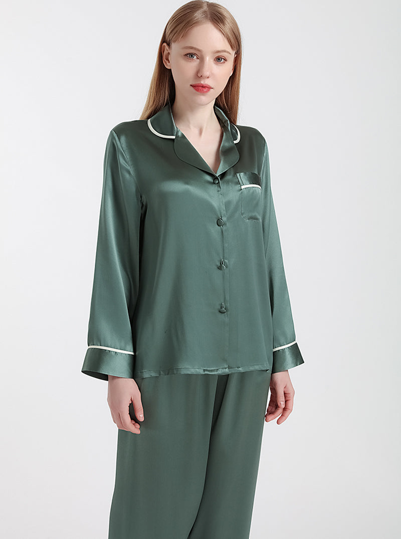 Female Summer Silk Contrast Color Line Small Lapel Simple Loose Comfortable Elegant Solid Color Long-Sleeved Pajamas Two-Piece Set