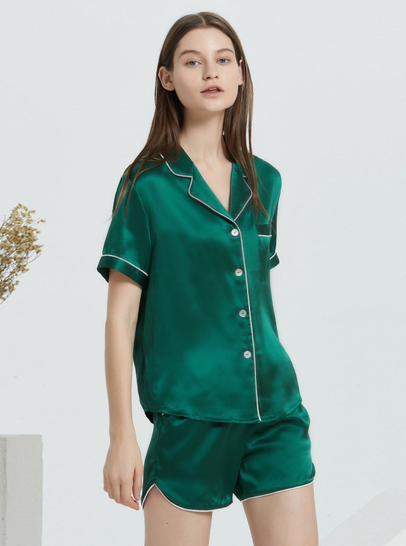 Multicolor 19 Momme Silk Female Small Lapel Summer Simple Fashion Cool And Convenient Short Pajamas