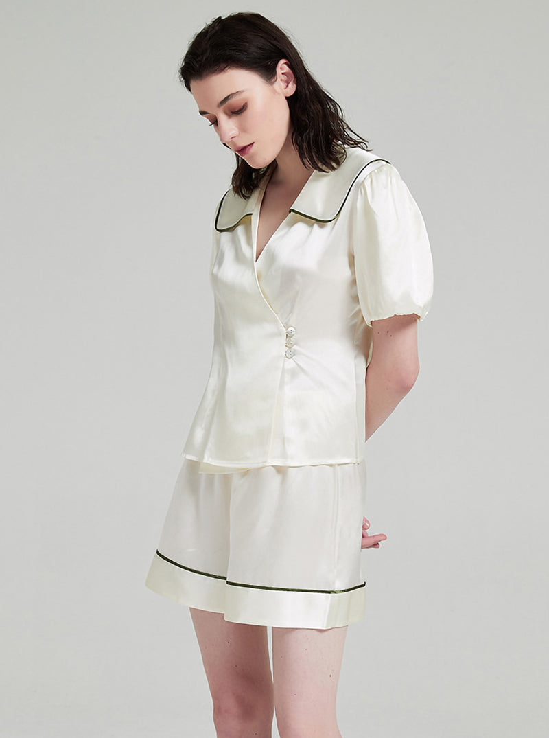 19 Momme Summer Female V-Neck Puff Sleeves Cute Sweet Casual White Short-Sleeved Shorts Two-Piece Set