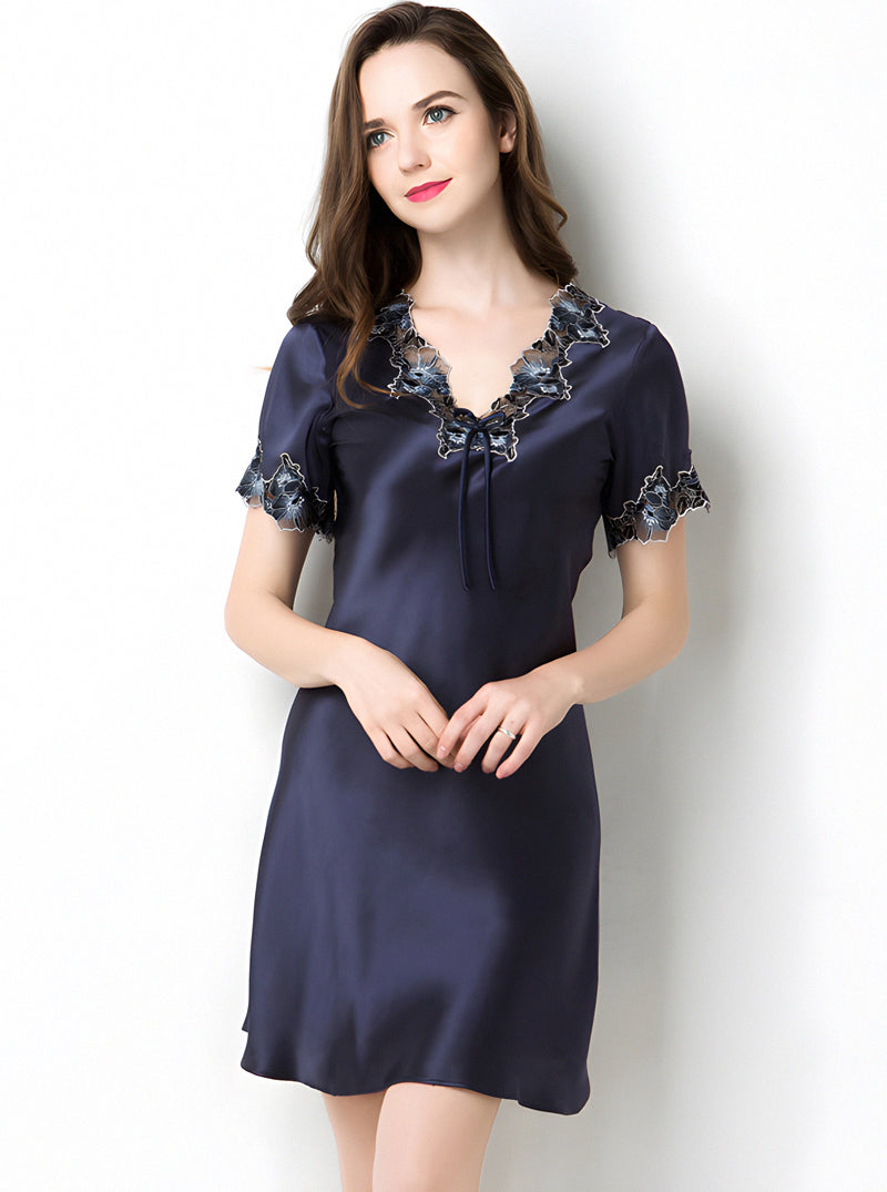 Silk Summer Female Lace Stitching V-Neck Sexy High-End Luxury Casual Solid Color Short-Sleeved Nightdress